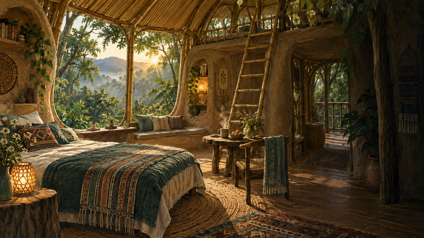 Hand-painted interior of an earth and bamboo forest dwelling
