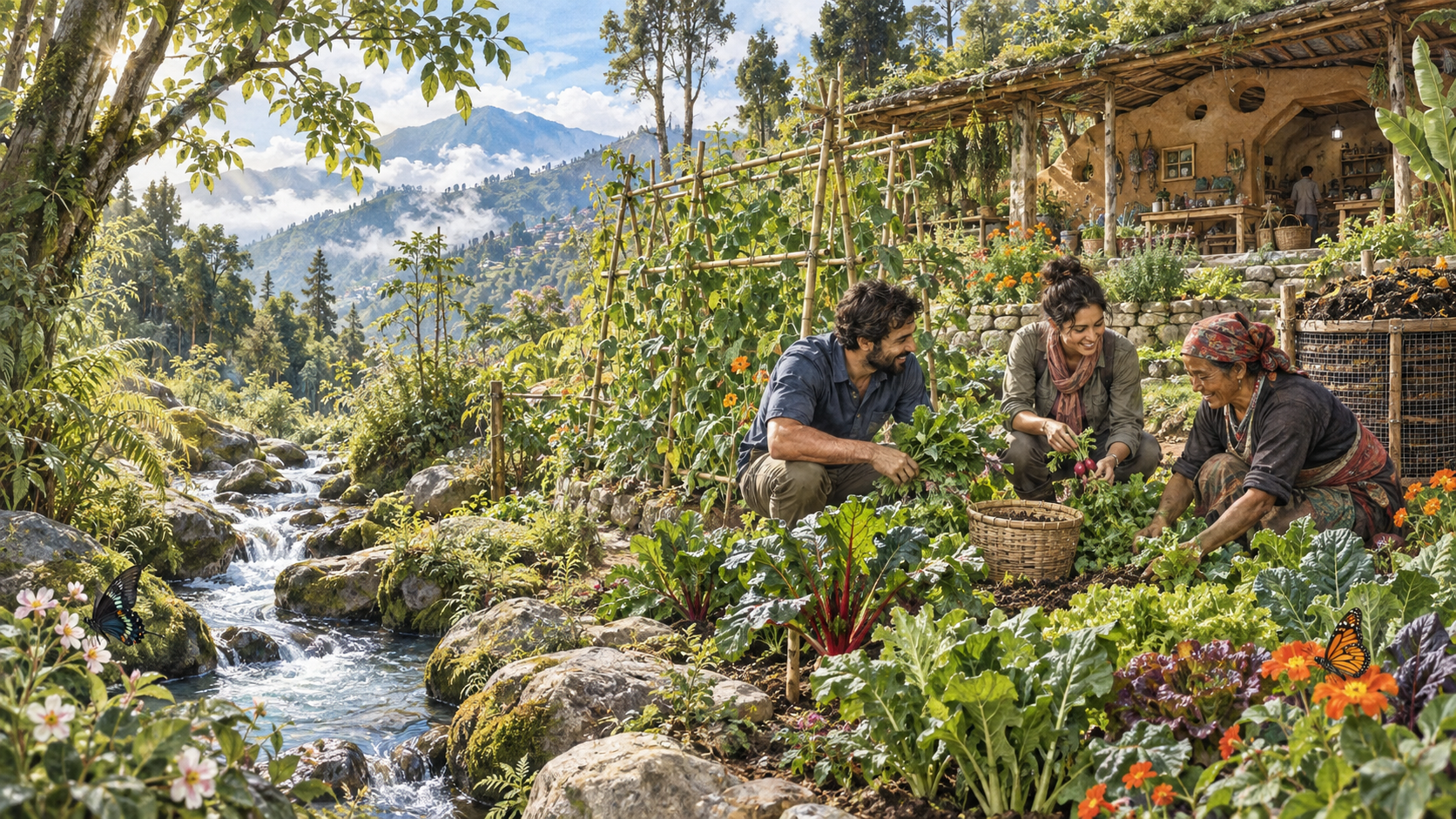 Guests harvesting vegetables with a gardener beside the brook